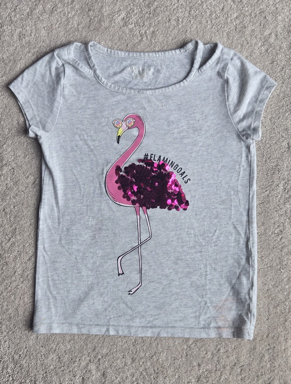 The Children's Place Light Gray Tee with Pink Flamingo Sequin Detail